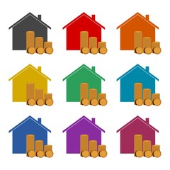 House and coins color icon set isolated on white background