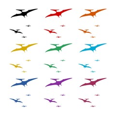 Pteranodon pterodactyl dinosaur flat color icon set isolated on white background