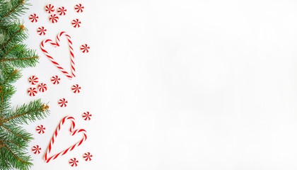 Christmas party supplies on white background. Border from Christmas party accessories with copy space. Holiday greeting card.