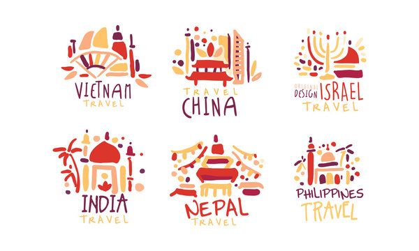 Travel to Different Countries Vector Labels and Logos Set