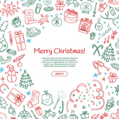 Vector cute xmas doodle hand drawn elements illustration. Christmas theme objects background with place for text in center.