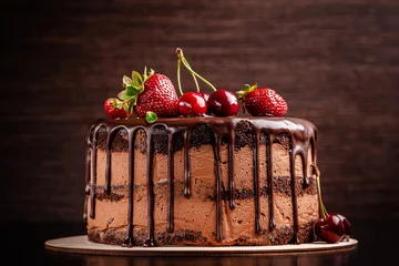 Foto op Plexiglas Chocolate cake with with berries, strawberries and cherries. cake on a dark brown background. copy space © zukamilov