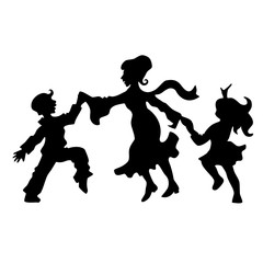 mother with son and daughter dance, black silhouettes on a white isolated background