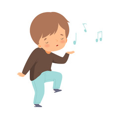 Happy Boy Singing and Dancing, Adorable Kid Having Fun and Enjoying Listening to Music Cartoon Vector Illustration