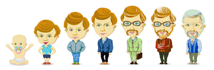 Aging concept of male characters, the cycle of life from childhood to old age. Vector illustration