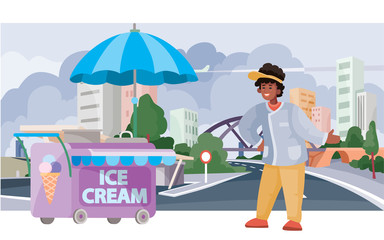 ice cream seller with a street cart for sale, fast food, food, against the background of a big city with skyscrapers and houses, vector illustration