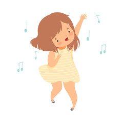 Cute Girl in Yellow Dress Singing and Dancing, Adorable Kid Having Fun and Enjoying Listening to Music Cartoon Vector Illustration