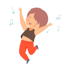 Cute Boy Dancing, Kid Having Fun and Enjoying Listening to Music Cartoon Vector Illustration