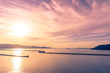 Takamatsu, Japan - 25 Sep 2019 : The view of Takamatsu Bay and City while the sun is setting.