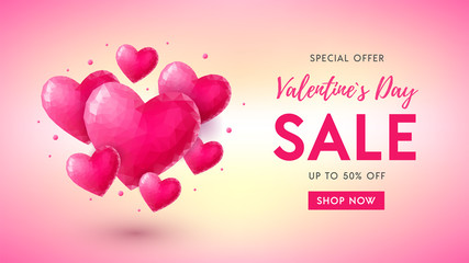 Valentines day sale banner concept with pink crystal hearts, text and button shop now on colorful gradient background. Low-poly origami style vector illustration for flyer, poster, discount, web