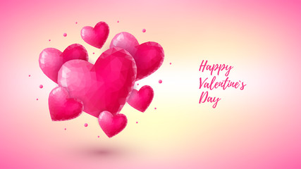 Beautiful Happy Valentines day background. Pink crystal hearts on colorful gradient background. Low-poly origami style vector illustration for wallpaper, flyer, invitation, poster, brochure, banner
