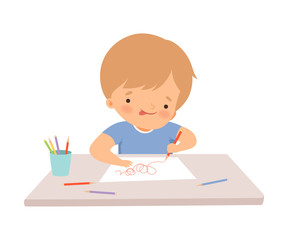 Boy Sitting at the Desk and Drawing Picture with Pencils, Cute Young Artist Cartoon Character, Kids Creative Hobby Vector Illustration