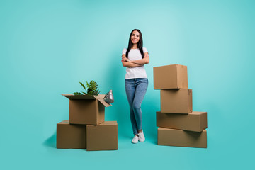 Full length body size view of nice attractive cheerful cheery brunet girl packing thing pile stack...