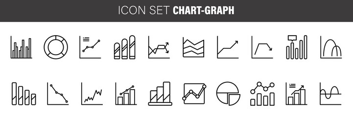 Business charts and data icons thin line art set. Black vector symbols isolated on white.