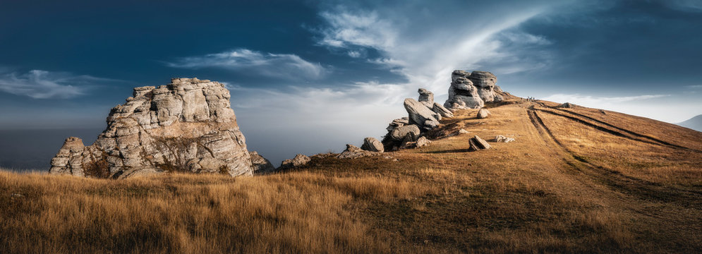 Mountain top with beautiful rocks. Dramatic sky.  Crimea, Demerji