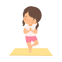 Cute Girl in a Tree Pose, Adorable Kid Practicing Yoga, Active Healthy Lifestyle Vector Illustration