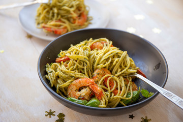 King prawns and pesto sauce with spaghetti