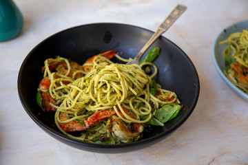 King prawns and pesto sauce with spaghetti