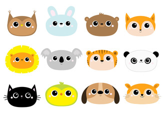 Fototapeta premium Bear Fox Owl Rabbit Dog Parrot Hamster Cat Lion Koala Panda Tiger round face icon set. Cute cartoon kawaii funny baby character. Flat design. Kids print. White background. Isolated.
