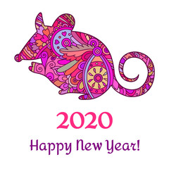Hand drawn zentangle  ornate mouse. Decorative vector design for coloring books, art therapy, antistress, 2020 new year and christmas greeting cards.