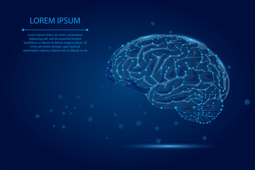 Abstract mash line and point human Brain. Low poly Neural network. IQ testing, artificial intelligence virtual emulation science technology concept. Brainstorm think idea vector illustration.