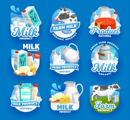 Milk and dairy food products vector icons. Natural organic dairy farm milk splash pouring in glass cup from jug, cheese and butter, company signs or package emblems