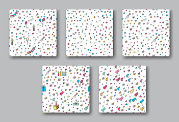 Set patterns hand drawn party doodle happy birthday background. With air balloons, candles, stars, gifts, confetti, and bunting flags garlands. - Vector