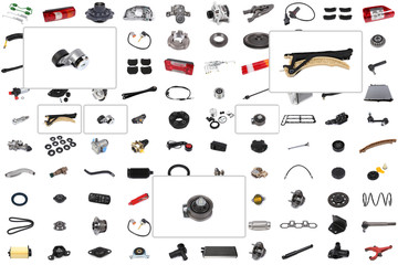 Collage of various auto parts for cars and trucks with an emphasis on three parts: tensioner pulley, chain breaker.