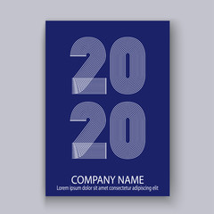 Cover Annual Report numbers 2020 in thin lines. Year 2020 text design in colour trend white on blue phantom abstract background. Vector illustration. Outline linear style