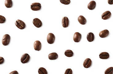 Coffee beans isolated on white background, top view