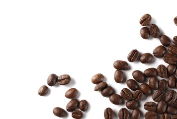 Coffee beans isolated on white background, top view