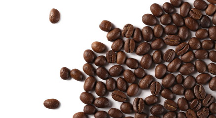 Coffee beans isolated on white background, top view