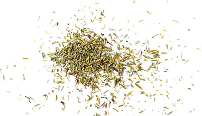 Dry thyme pile isolated on white background, top view 