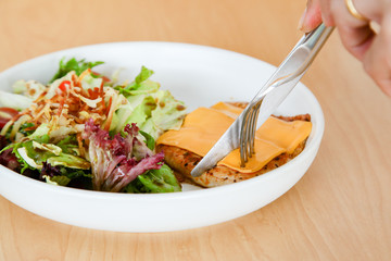 Grilled chicken steak with melted cheese and mixed salad