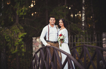 the bride and groom stand on the old wooden bridge on the wedding day
