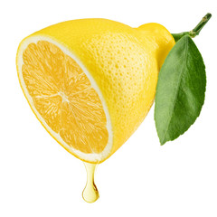 lemon, drop of juice, isolated on white background, clipping path, full depth of field