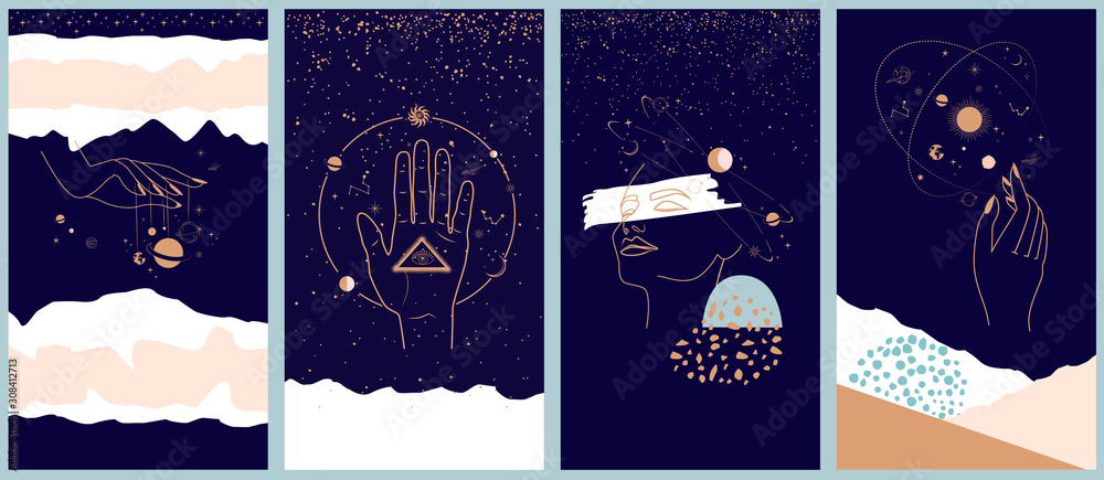 Wall mural collection of space and mysterious illustrations for mobile app, landing page, web design in hand dr