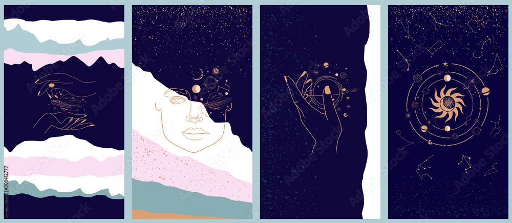 Fototapete Collection of space and mysterious illustrations for Mobile App, Landing page, Web design in hand drawn style. Magic, occultism and astrology concept. Objects in the style of one line style.