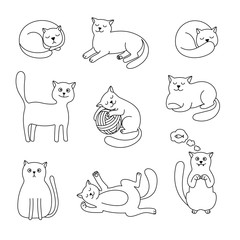 Cats doodle. Funny hand drawn cat set, cartoon kitty cats black doodles vector illustration, cute pet character outline sketch on white