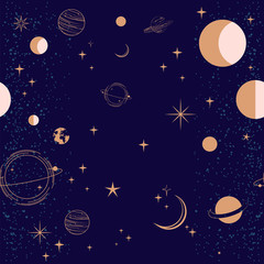 Seamless pattern with Astrology and Space concept. Minimalistic objects made in the style of one line. Editable vector illustration.