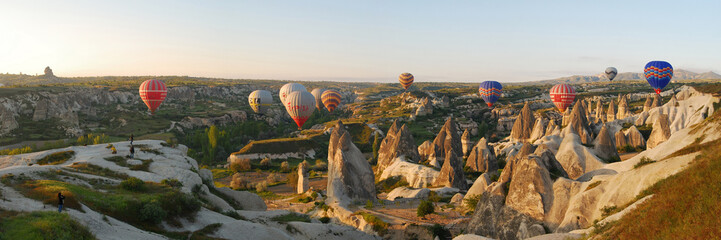 Panoramic view of the balloon show in the Turkish city of Cappadocia