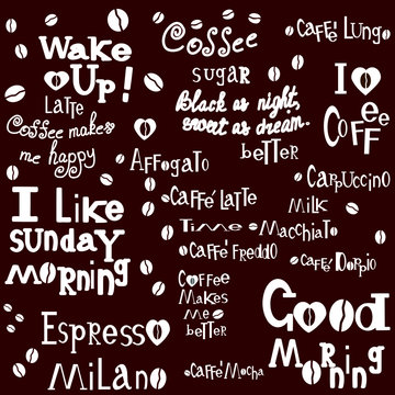 brown and white coffee lettering pattern, vector illustration