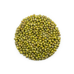 Pile of Mung beans (Vigna radiata) isolated on white background.Food concept from whole grains. Top view, Flat lay