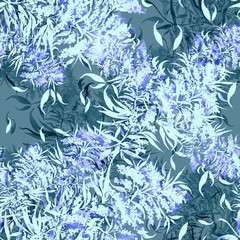 Seamless vintage pattern, blue flowers,Plant in watercolor. Mimosa, acacia and other plants on a branch. Blossoming blue acacia or caragana tree. Fashionable background. Abstract splash of paint. 