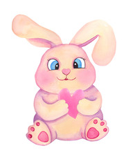 Obraz na płótnie Canvas Watercolor cute cartoon children bunny with heart. Valentines day illustration. 