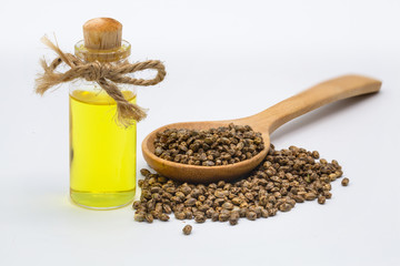  CBD hemp oil, Hemp oil extract in glass bottles , medical marijuana concept, on a white background, CBD oil pipette.