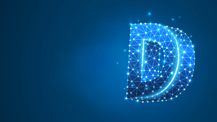 Alphabet letter D. Design of an Uppercase letter. Banner, template or a pattern. Abstract digital wireframe, low poly mesh, Raster blue neon 3d illustration. Triangle, line, dot