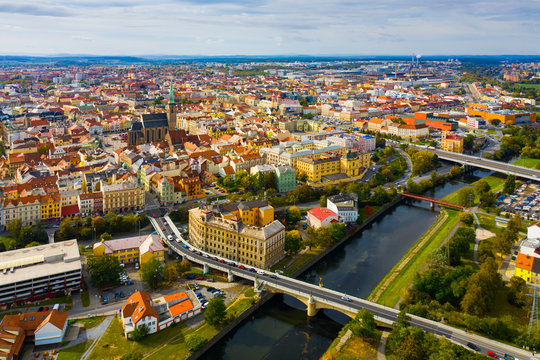 Aerial landscape of czech town of Pilsen with old historical houses in fall day