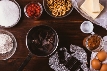 Top view ingredients for baking homemade brownie