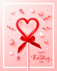 Happy Valentine's Day. Vertical image with a lollipop in the shape of a heart, hearts, beads and serpentine.Festive vector illustration
